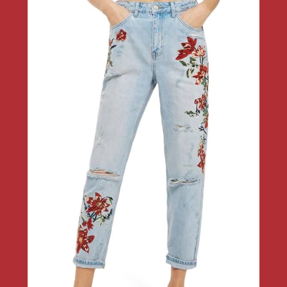 Embroidered Moto Mom Jeans